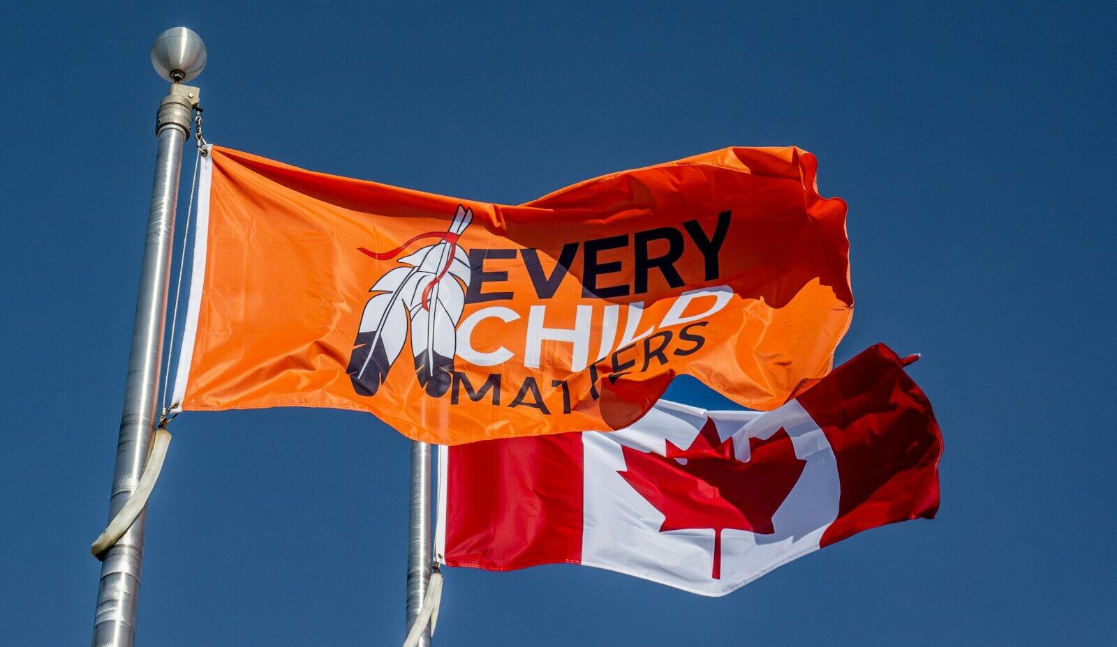 Two flags flying in the wind on a sunny day